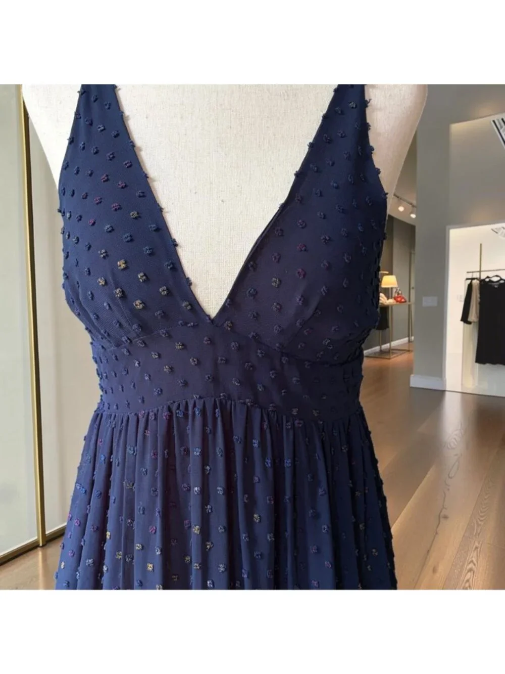Le Superbe Starry Night Navy Blue Metallic Swiss Dot Tiered Maxi Dress Size 8 - Picture 5 of 10